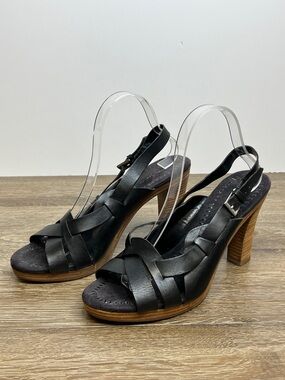 Enzo Angiolini Eaalei Black Leather Slingback Heels Size 9M Wood Heel Sandals